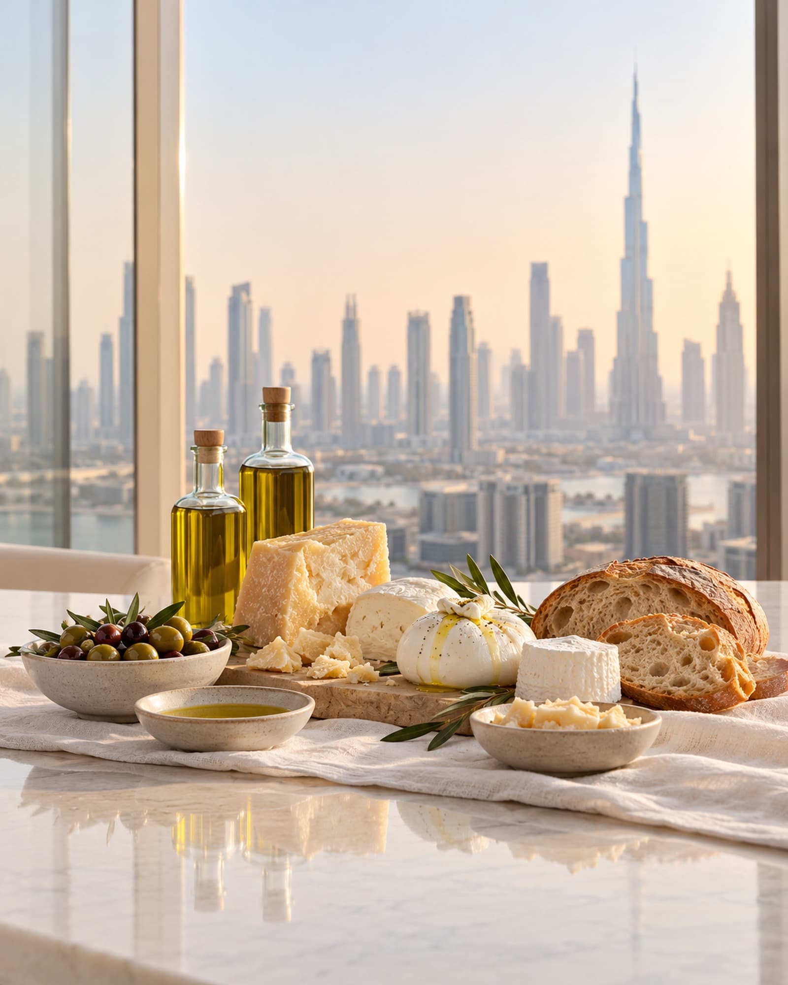 Bright tasting table with Italian products and blurred Dubai skyline through glass